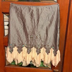 Embroidered Gray and Cream 100%Silk Skirt